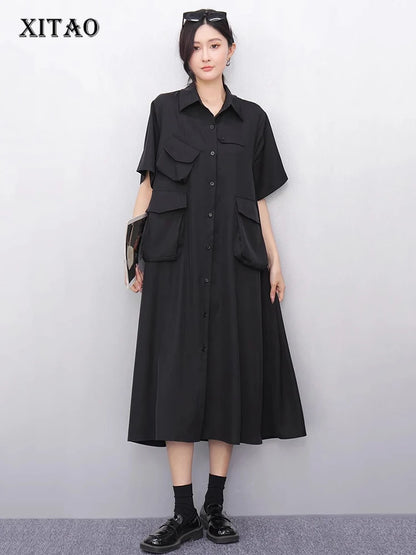 XITAO Loose Pocket Dress Fashion Temperament Simple Patchwork Women Casual Solid Color Single Breasted Shirt Dress ZMY1164