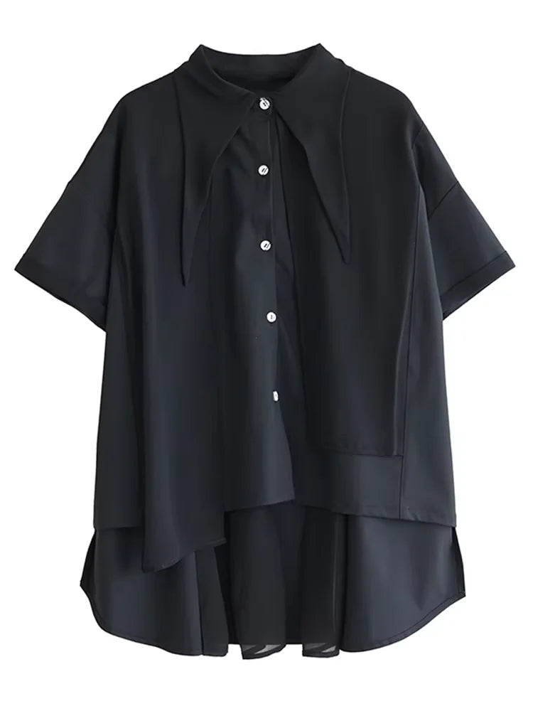 XITAO Asymmetrical Female Shirt Casual Loose Fitting Turn-down Collar Short Sleeve Solid Color Summer Women Blouse ZMY1202