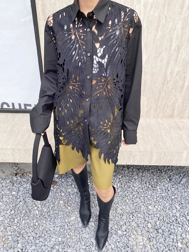 XITAO Hollow Out Patchwork Lace Lapel Women Shirt Casual Turn-down Collar Full Sleeve Fashion Spring Female Blouse GYX1614