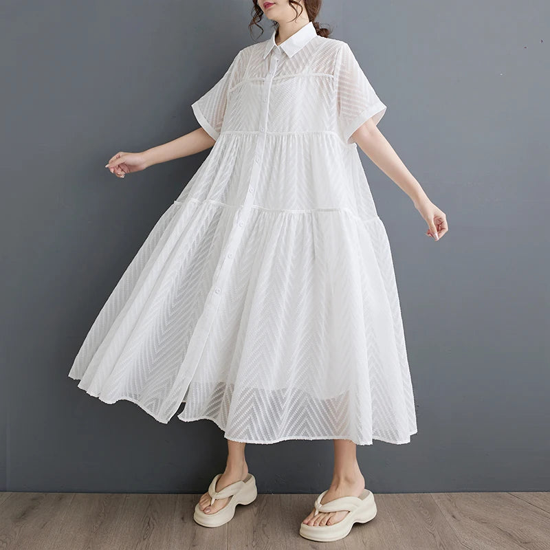 XITAO Hollow Out Single Breasted Two-piece Dress Casual A-line Turn-down Collar Korea New Arrival Fashion Women Dress ZMY1144