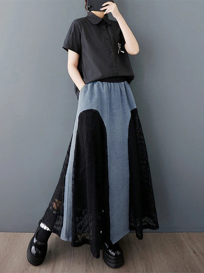 XITAO Lace Patchwork Contrast Color Skirt Pocket Elastic Waist Loose Casual Ankle-Length All Temperament Slimming Skirt HQQ2466
