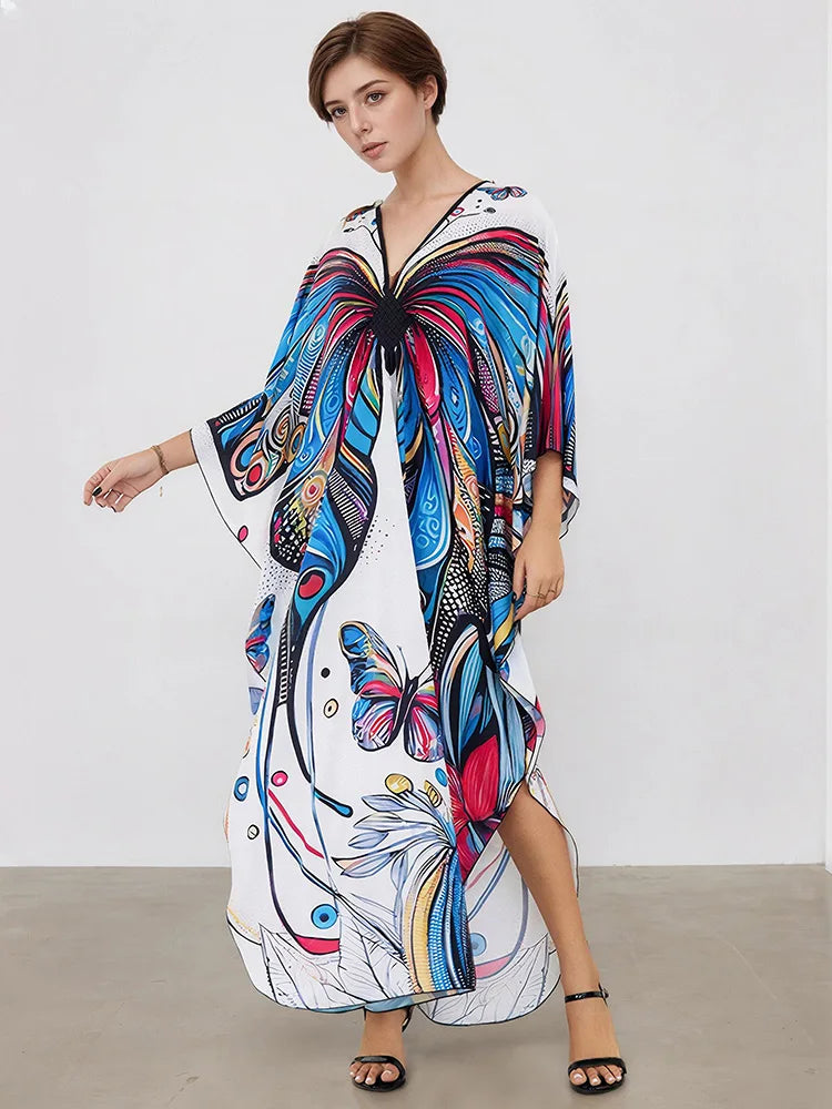 XITAO A-line Bat Wing Sleeve Print Dress Contrast Color Fashion Loose V-neck Vintage Slimming Casual Summer Woman Dress  GJ1170