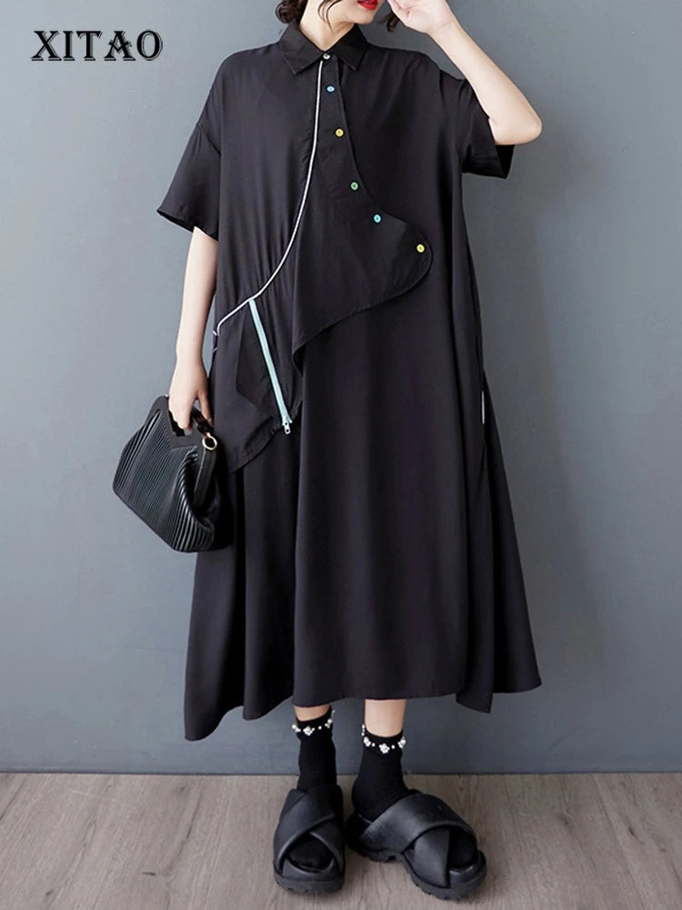 XITAO Asymmetrical Patchwork Single Breasted Dress Turn-down Collar Short Sleeve Pullover Loose Casual Slimming Dress ZMY1055