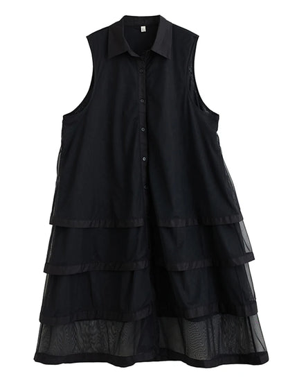 XITAO Patchwork Mesh Turn-down Collar Dress Casual A-line Sleeveless Fashion All Match Single Breasted Women Dress GYX1659