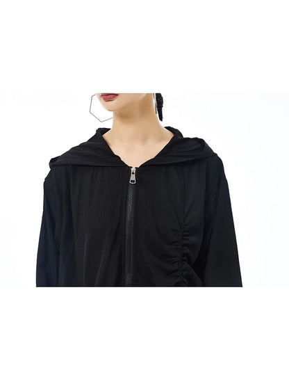 XITAO Pleated Zipper Hooded Full Sleeve Dress Loose Fitting A-line Vintage Japanese Style Leisure Spring Women Dress HQQ2440