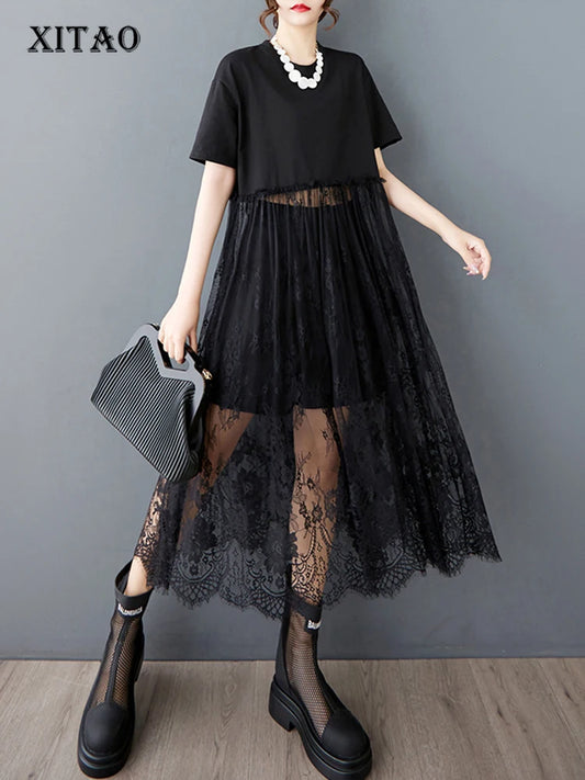 XITAO Patchwork Lace Short Sleeve Dress O-neck Casual Loose Fitting A-line Solid Color Pullover Summer Women Dress ZMY1214