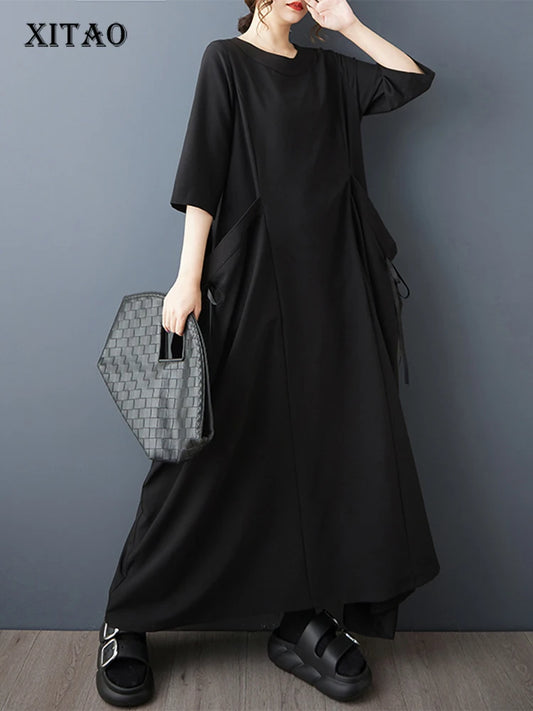XITAO Drawstring Pocket Vintage Dress Solid Color O-neck Pullover Loose Casual Personality Elegant Summer Woman Dress HQQ2508