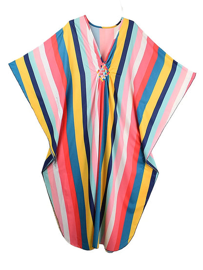 XITAO Contrast Color Striped A-line Dress Pullover Print V-neck Fashion Bat Wing Sleeve Summer Woman Ankle-length Dress GJ1177