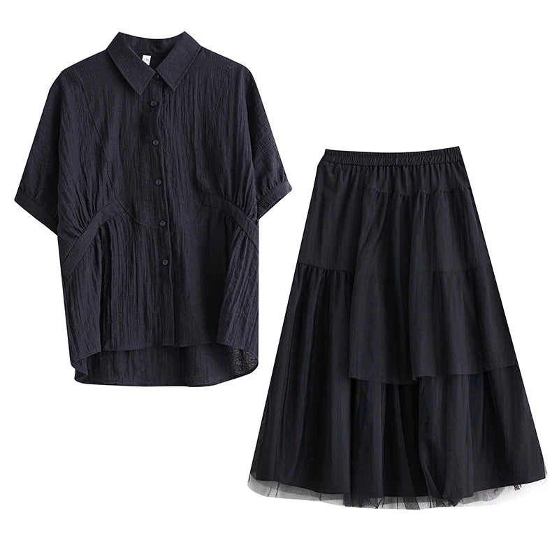 XITAO Patchwork Mesh Single Breasted Short Sleeve Lapel Matching Set Casual Solid Color A-line Elastic Waist Women Set GYX1576