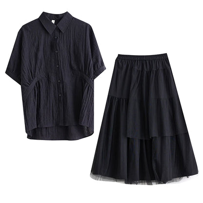 XITAO Patchwork Mesh Single Breasted Short Sleeve Lapel Matching Set Casual Solid Color A-line Elastic Waist Women Set GYX1576