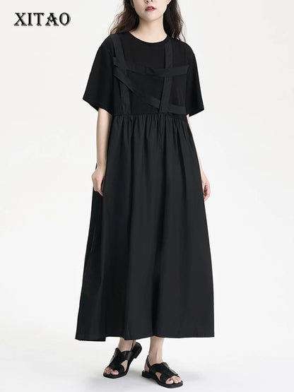 XITAO Bandage O-neck Pleated Dress Short Sleeve Casual Loose Fitting Simple Pullover Slimming A-line Summer Women Dress ZMY1206