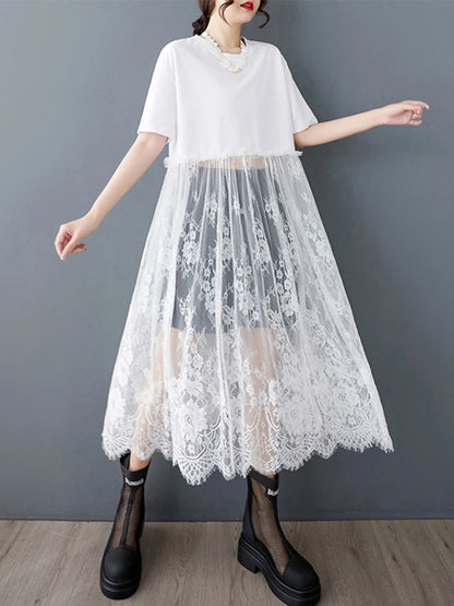 XITAO Patchwork Lace Short Sleeve Dress O-neck Casual Loose Fitting A-line Solid Color Pullover Summer Women Dress ZMY1214