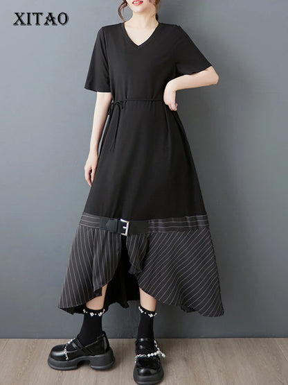 XITAO Striped Contrast Color Asymmetrical Dress V-neck Short Sleeve Patchwork Split Pullover Bandage Casual Female Dress ZMY1288