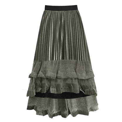 XITAO Asymmetrical Fold Patchwork Skirts Elastic Waist Solid Color A-line Loose Vintage Slimming Temperament Skirt GYX1517
