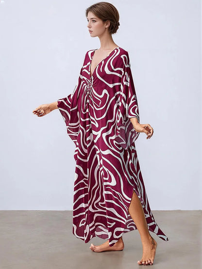 XITAO Irregular Print Contrast Color Dress Temperament Side Slit Bat Wing Sleeve Loose Fashion Summer Woman V-neck Dress GJ1174