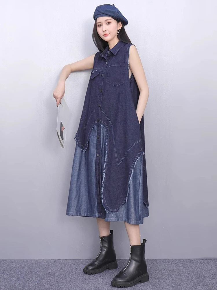 XITAO Casual Patchwork Dress Loose Irregular Turn-down Collar Single Breasted Women Summer Trend A-line Shirt Dress ZMY1158