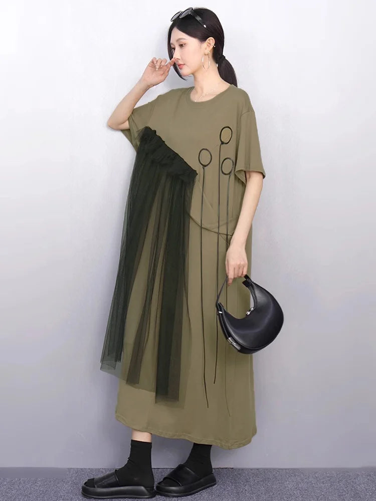 XITAO Irregular Solid Color Loose Dress O-neck Short Sleeve Gauze Patchwork Short Sleeve Elegant Summer Woman Dress ZMY1376