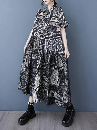 XITAO Gauze Patchwork Print Single Breasted Dress Turn-down Collar Sort Sleeve Pullover Loose Mid-calf Casual Dress ZMY1138
