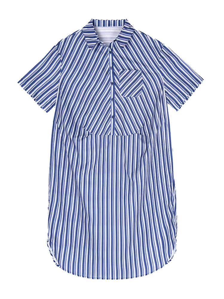 XITAO Asymmetric Striped Shirt Dress Elegant Temperament Single Breasted Women Loose Turn-down Collar Summer Dress ZMY1071