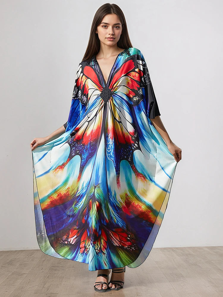 XITAO Irregular Print V-neck Bat Sleeve Female Dress Summer Women Thin Pullover All Match Fashion Street Tide Dress GJ1208