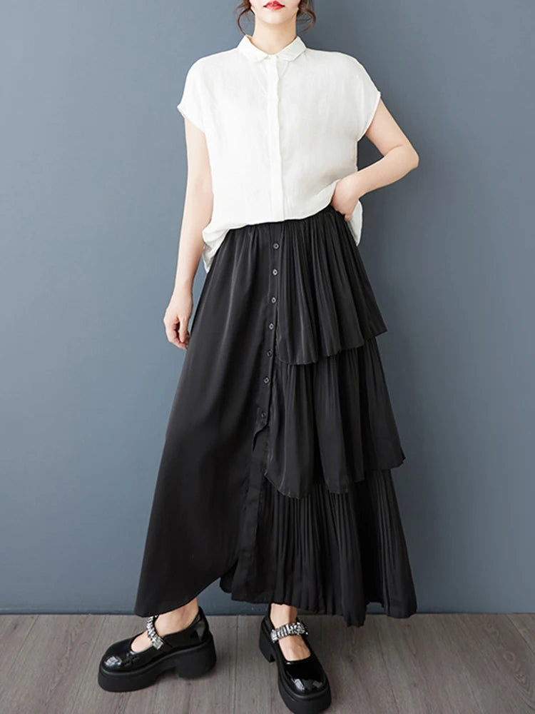 XITAO Irregular Button Elastic Waist Skirt Casual A-line Solid Color New Arrival Loose Comfortable Patchwork Women Skirt GYX1624