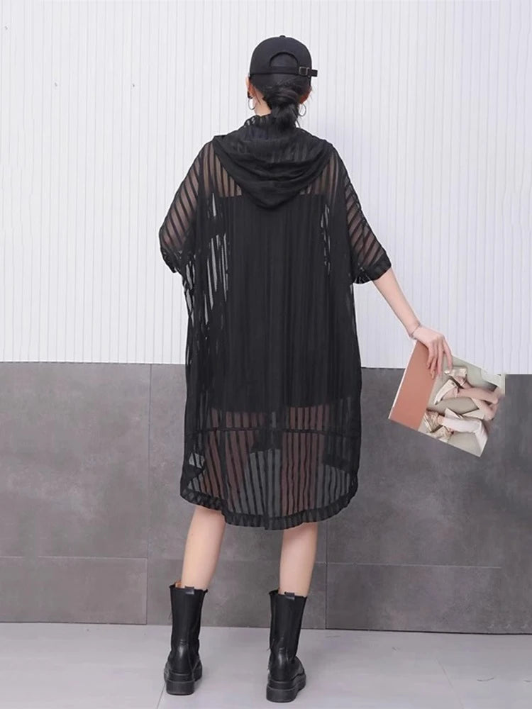 XITAO Sheer Hooded Gauze Zipper Dress Solid Color Pocket Patchwork Striped Loose Temperament All Match Slimming Dress ZMY1181