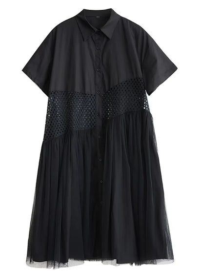 XITAO Contrast Color Hollow Out Patchwork Gauze Dress Turn-down Collar Short Sleeve Single Breasted Loose Casual Dress GYX1617