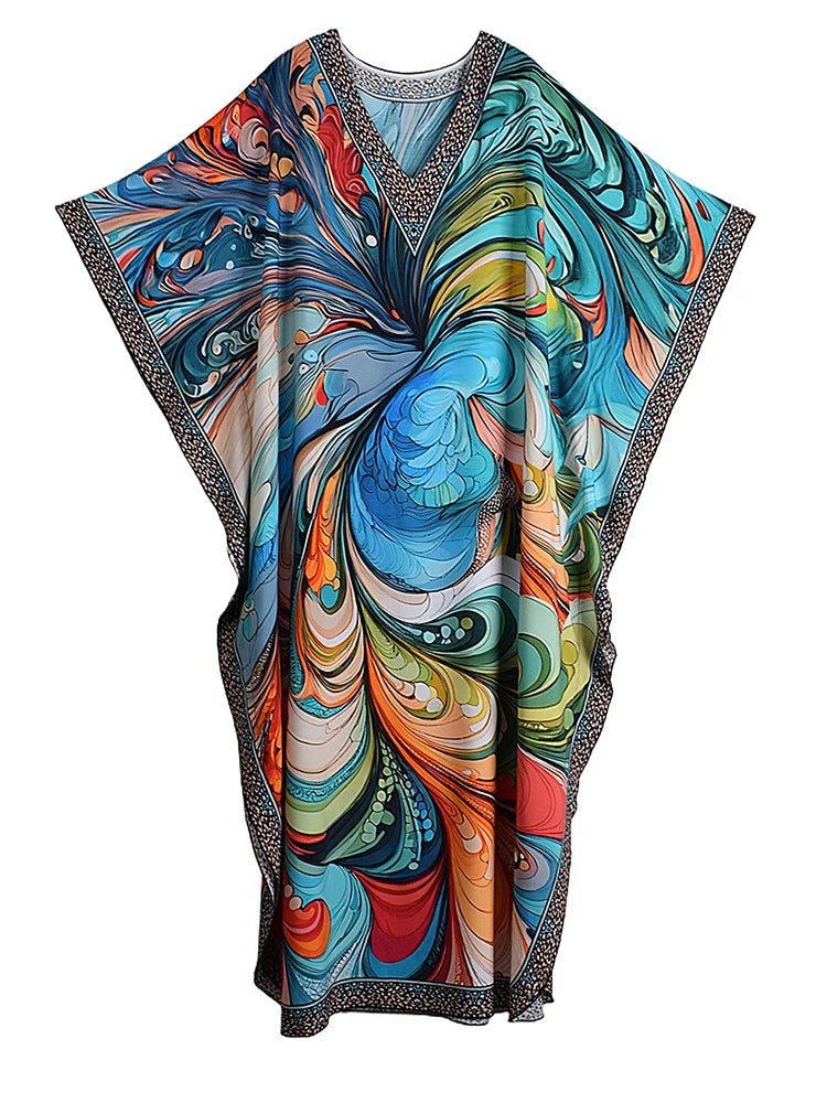 XITAO Bat Wing Sleeve V-neck Vintage Dress Side Slit Print Pullover Loose Temperament Summer Woman Ankle-length Dress GJ1195