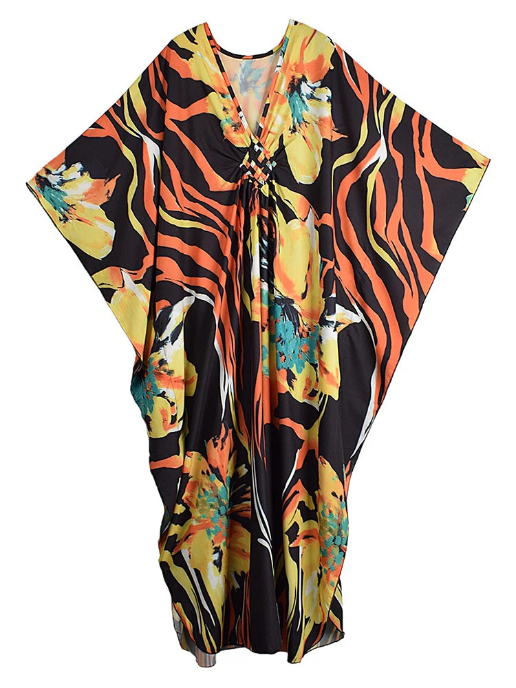 XITAO V-neck Print Loose Dress Bat Wing Sleeve Pullover Casual Full Sleeve Temperament Flower Trend Summer Woman Dress GJ1194