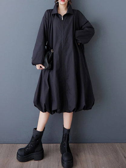 XITAO Loose Vintage Zipper Dress Simple Solid Color Long Sleeve Women Personality Hem Casual Turn-down Collar Dress ZMY1056