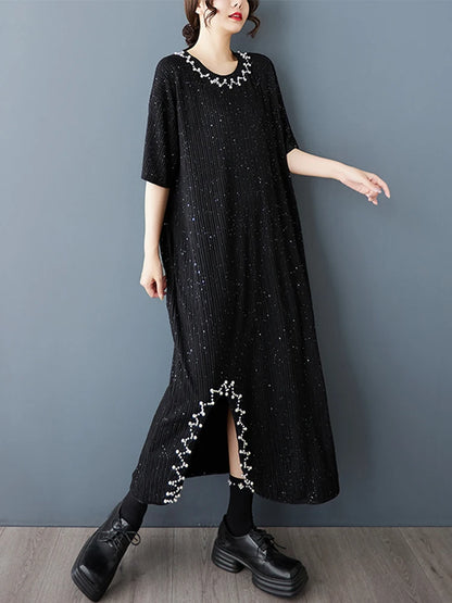XITAO Vintage Asymmetric O-neck Dress Fashion Bead Patchwork Women Summer Solid Color Slimming Temperament Dress HQQ2481