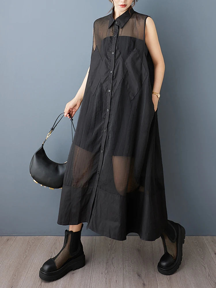 XITAO Rhombus Gauze Patchwork Sleeveless Dress Solid Color Turn-down Collar Single Breasted Loose Perspective Dress ZY8941