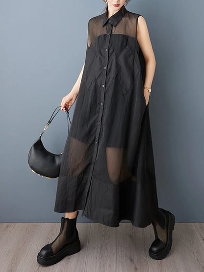XITAO Rhombus Gauze Patchwork Sleeveless Dress Solid Color Turn-down Collar Single Breasted Loose Perspective Dress ZY8941