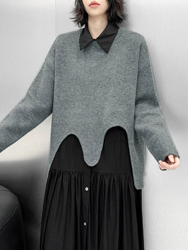 XITAO Loose Irregular O-neck Female Sweaters Solid Color Slimming All-match Women Casual Fashion Asymmetric Pullovers GMM1290