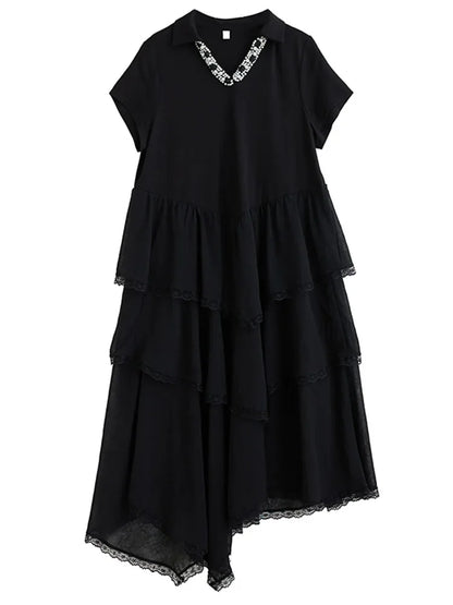 XITAO Irregular Patchwork Short Sleeve Dress V-neck Casual Loose Fitting A-line Elegant Comfortable Pullover Women Dress ZMY1340