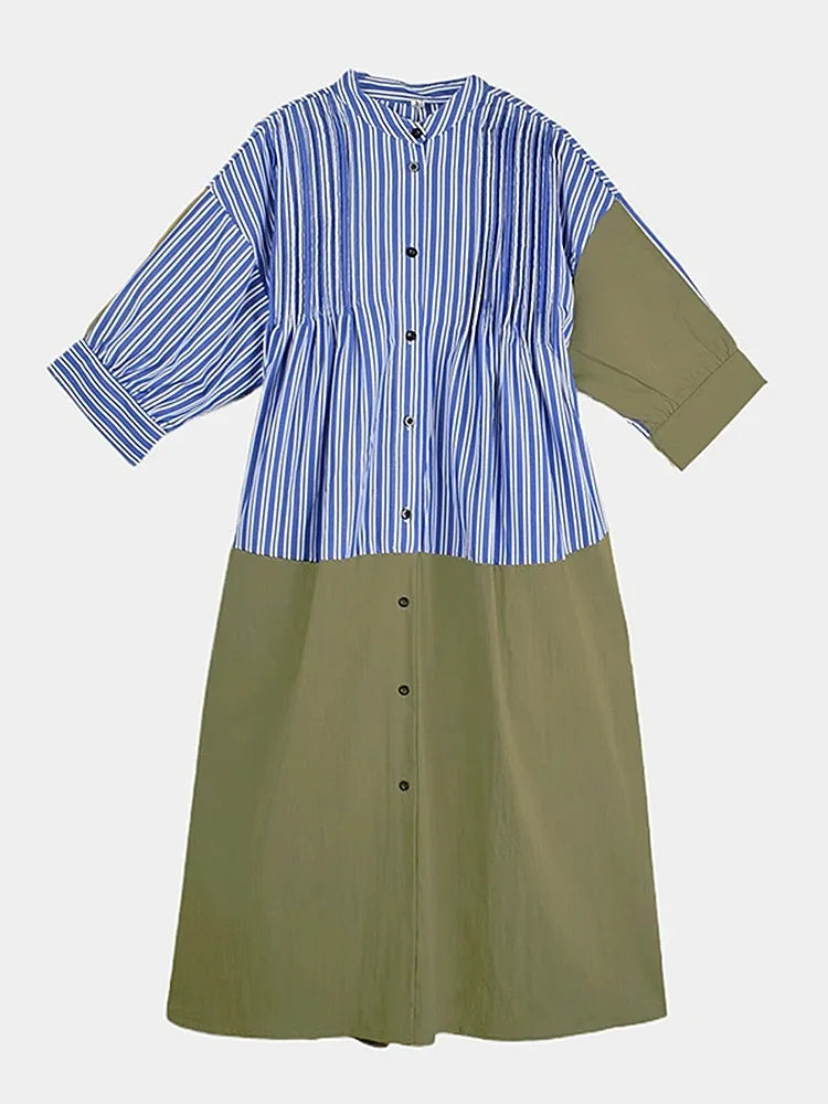 XITAO Loose Stripe Patchwork Female Dress Casual A-line Stand Collar Women Summer Temperament Single Breasted Dress ZMY1390