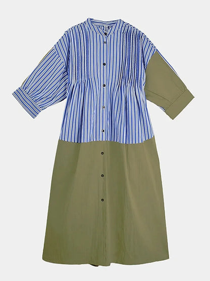 XITAO Loose Stripe Patchwork Female Dress Casual A-line Stand Collar Women Summer Temperament Single Breasted Dress ZMY1390