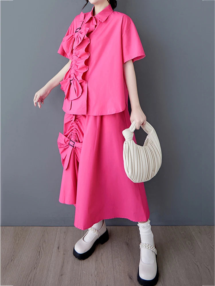 XITAO Floral Pleated Single Breasted Matching Set Casual Turn-down Collar A-line Half Sleeve New Korea Summer Female Set GYX1546