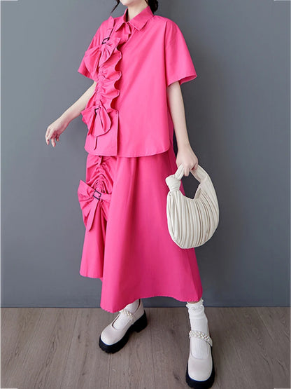 XITAO Floral Pleated Single Breasted Matching Set Casual Turn-down Collar A-line Half Sleeve New Korea Summer Female Set GYX1546