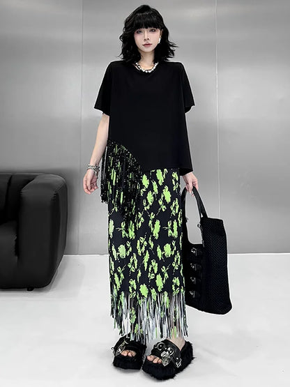 XITAO Tassel Patchwork Asymmetrical T-Shirts Solid Color O-neck Short Sleeve Pullover Fashion All Match Temperament Top ZMY1177