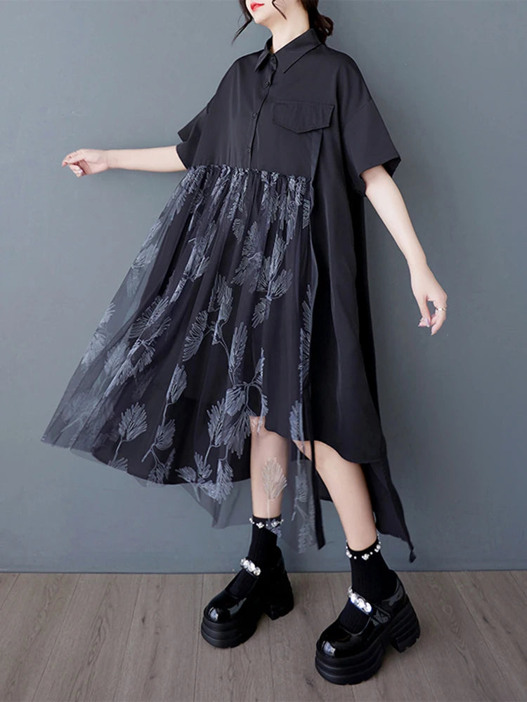 XITAO Patchwork Mesh Single Breasted Dress Casual Loose Fitting Short Sleeve Turn-down Collar New Arrival Female Dress GYX1630