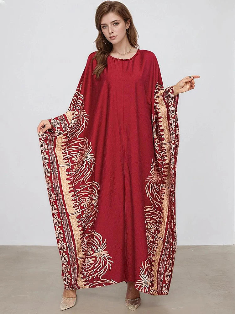 XITAO O-neck Bat Wing Sleeve Vintage Dress Side Slit Print Pullover Loose Temperament Summer Woman Ankle-length Dress GJ1191