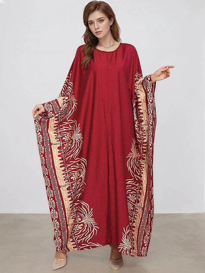 XITAO O-neck Bat Wing Sleeve Vintage Dress Side Slit Print Pullover Loose Temperament Summer Woman Ankle-length Dress GJ1191