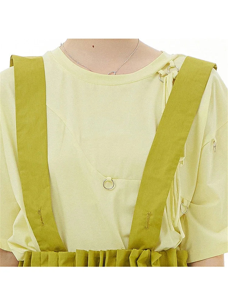 XITAO Pleated Skirt Fashion Women Solid Color Pullover Sleeveless Backless Summer Minority Loose Patchwork Skirt WMD6635