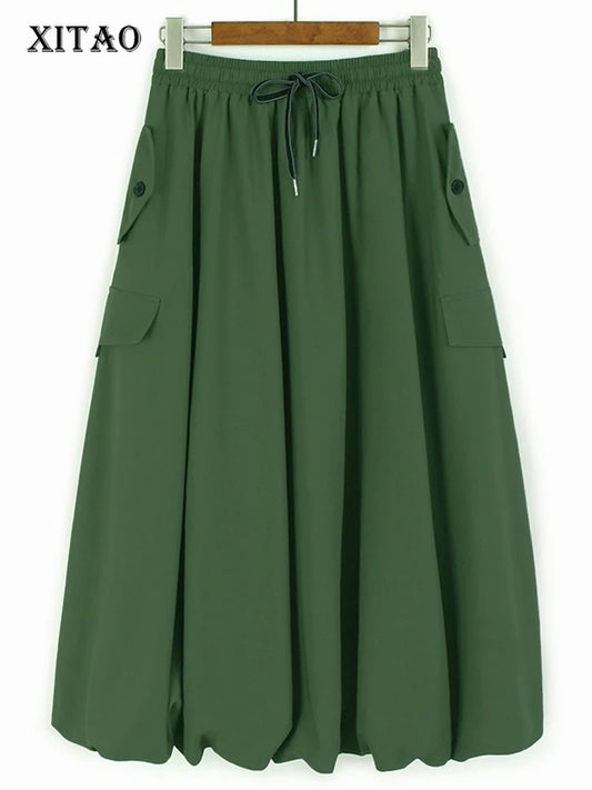 XITAO Pocket Pleated Drawstring Skirts Solid Color Button A-line Loose Casual Personality Slimming Summer Woman Skirts ZMY1301