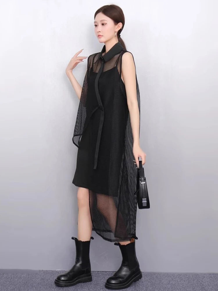 XITAO Asymmetrical Mesh Sleeveless Loose Dress Hollow Out Temperament Solid Color Elegant Casual Summer Woman Dress ZMY1276