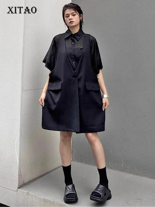 XITAO Pocket Patchwork Dress Solid Color Fake Two Pieces Single Breasted Short Sleeve Temperament Summer Woman Dress ZMY1309