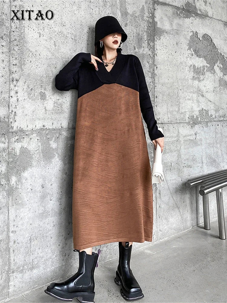 XITAO Hit Color Dress Fashion Women Pullover Pleated Knitted Full Sleeve 2024 Spring Minority Loose Elegant Dress WLD9276