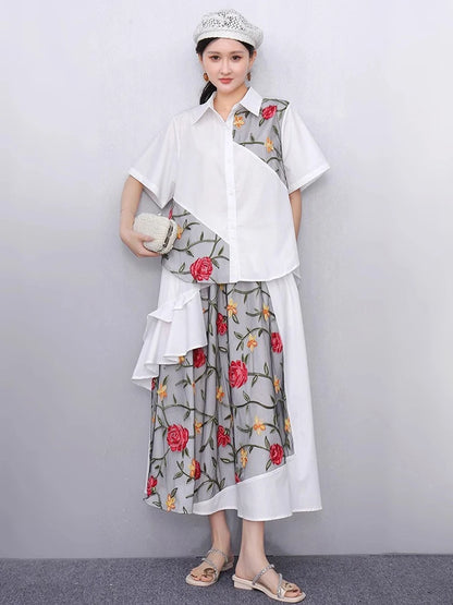 XITAO Asymmetrical Gauze Flower Sets Patchwork Embroidery Turn-down Collar Short Sleeve Loose Elegant Two-piece Sets HQQ2503