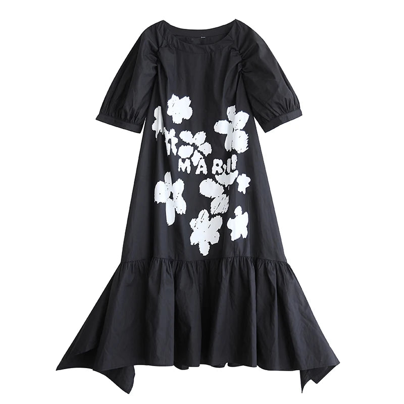 XITAO Patchwork Print Flower Ruffles Dress Casual Half Sleeve O-neck Leisure Sweet Simple Loose Fitting New Summer Dress ZY8940